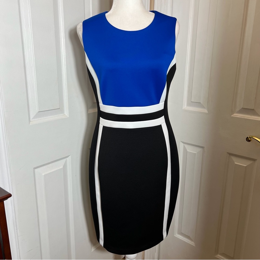 Calvin Klein Colorblock Sheath Dress Size 10 Blue Black White Sleeveless Career